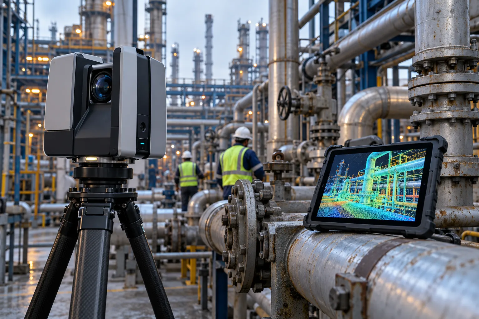 Terrestrial laser scanner and tablet showing a point cloud of refinery piping