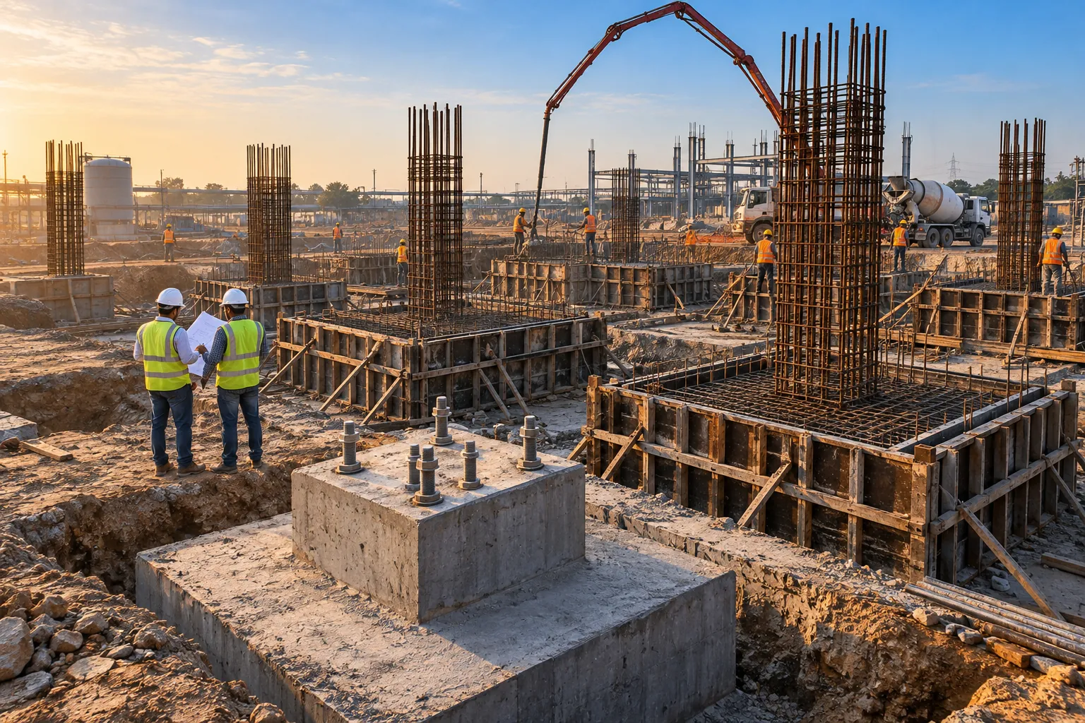 RCC isolated footings with rebar cages, formwork and a concrete pedestal with anchor bolts at an industrial site
