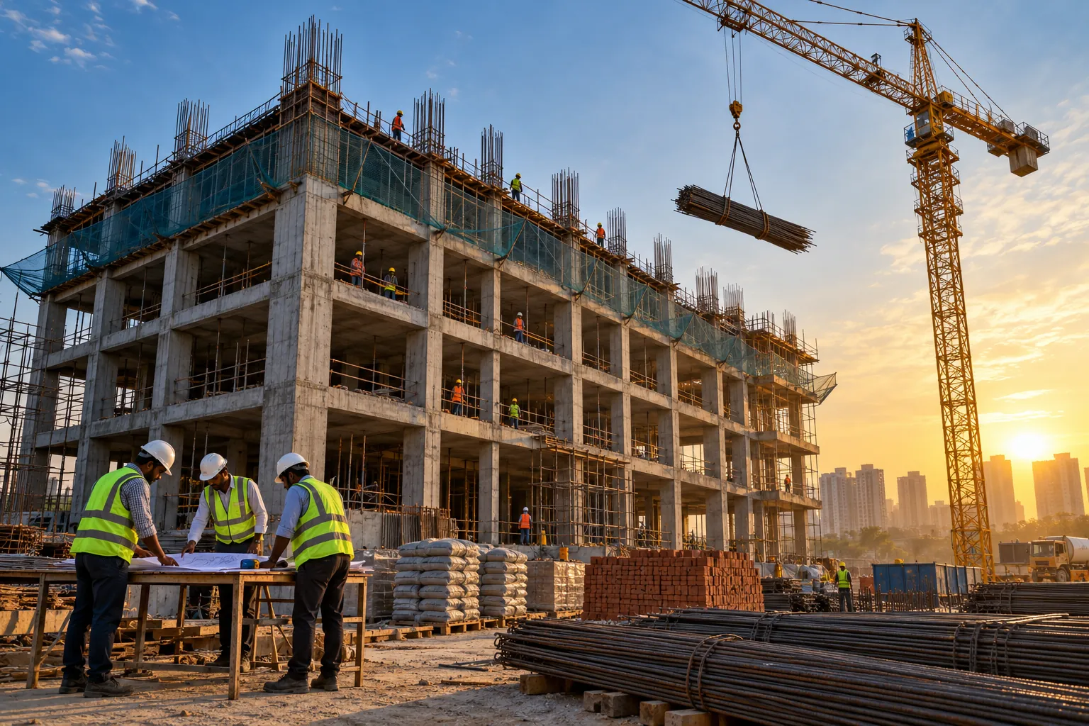 Multi-storey RCC building under construction with a tower crane, cement, bricks and steel on site