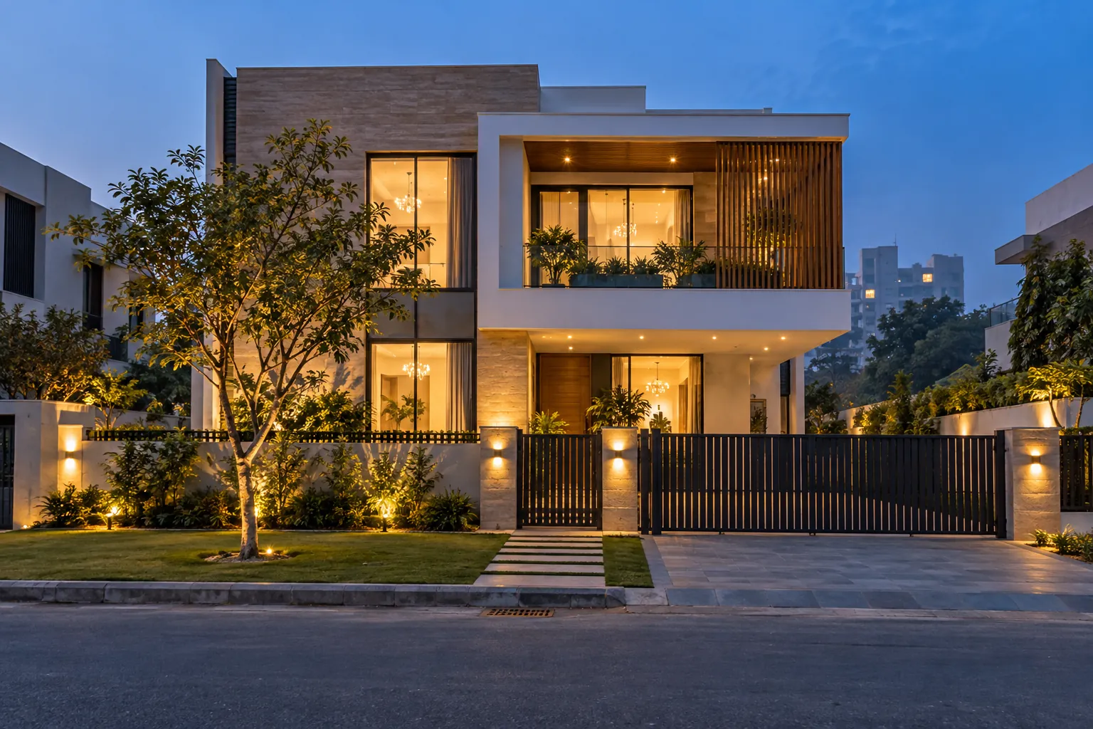 Modern two-storey independent house at dusk with warm interior lights and a landscaped front garden