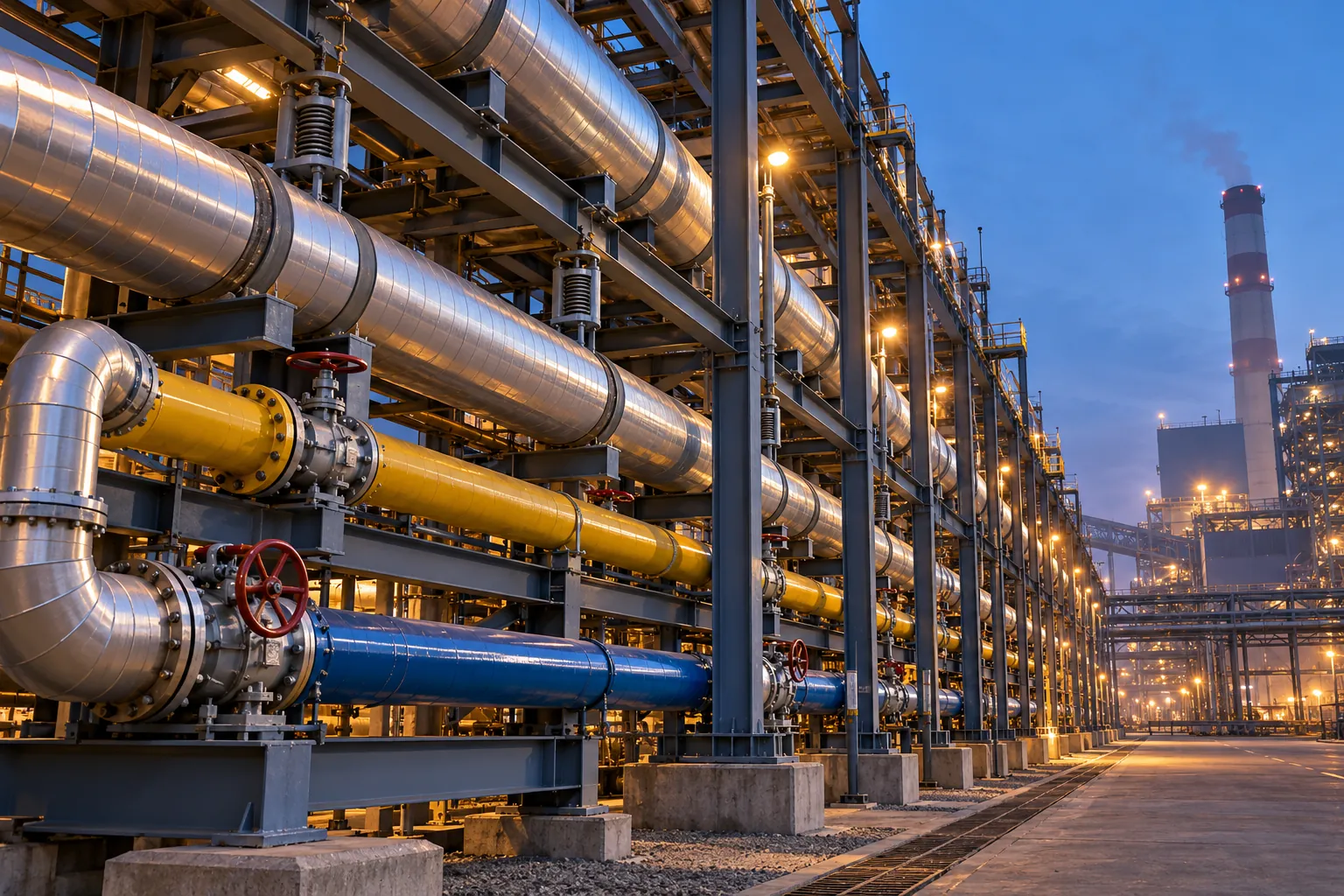 Steel pipe rack with insulated steam lines, yellow gas line and blue cooling water line with valves in a power plant