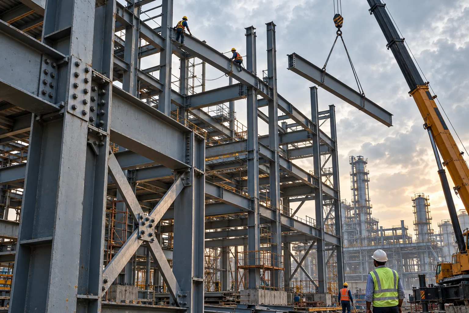 Structural steel frame with bolted connections and bracing under erection with a crane lifting a beam