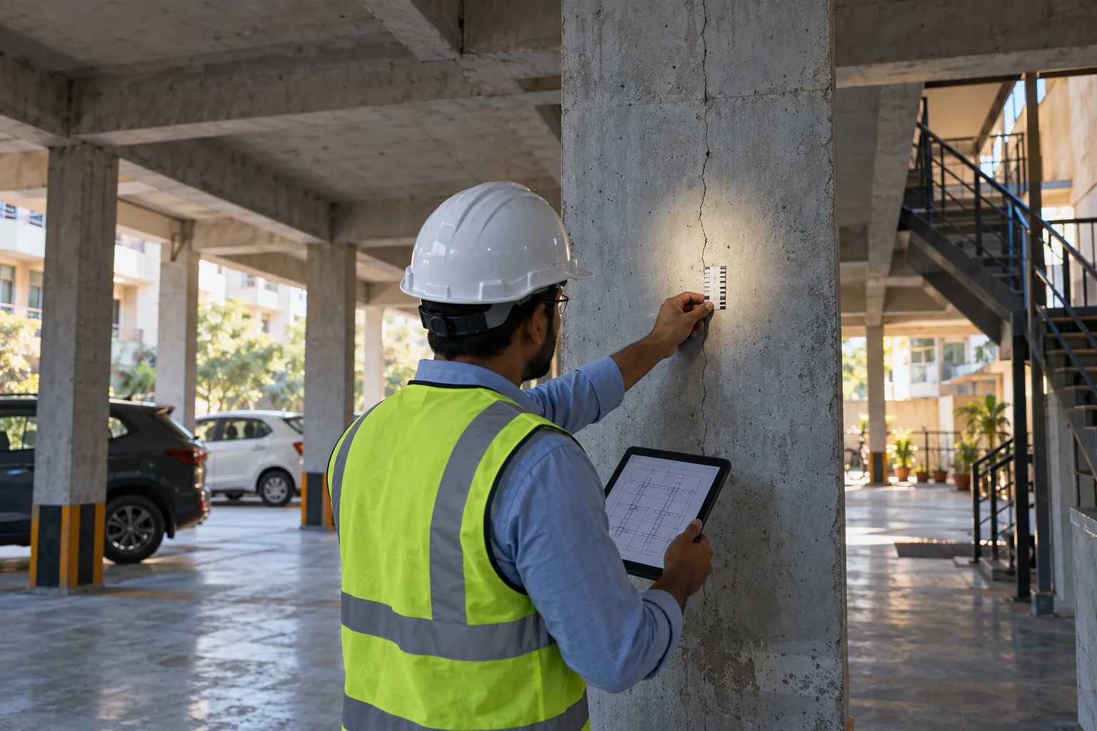 Structural engineer checking a crack in a concrete column with a crack-width gauge during a stability assessment
